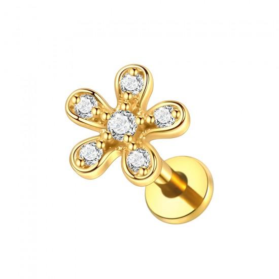 Steel labret earring with flower-shaped cluster wrap with cubic zirconia PF LSIL01-K for piercing ear cartilage, helix, tragus.