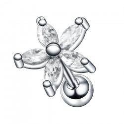 Steel labret earring with a cluster-shaped flower with cubic zirconia petals PF LSIL01-K-2 for piercing the cartilage of the ear, helix, tragus.
