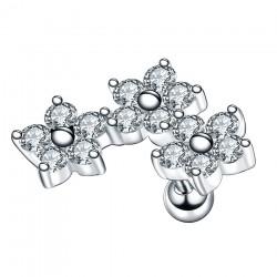 Steel labret earring with a cluster-shaped twist in the shape of three flowers with cubic zirconia petals PF LSIL01-K3 for piercing the cartilage of the ear, helix, tragus.
