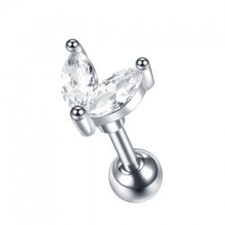 Steel labret earring with a cluster-shaped twist in the shape of two flower petals with cubic zirconia PF LSIL01-LP for piercing the cartilage of the ear, helix, tragus.
