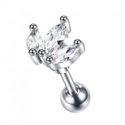 Steel labret earring with a cluster-shaped three-petal flower with cubic zirconia PF LSIL01-LP3 for piercing the ear cartilage, helix, tragus.
