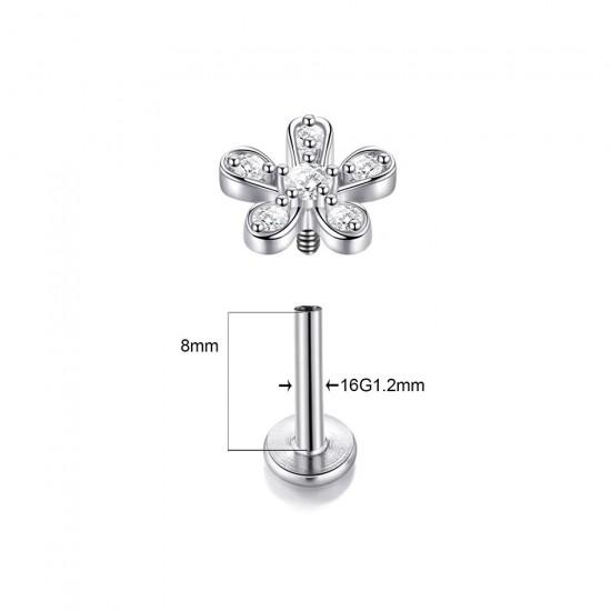 Steel labret earring with flower-shaped cluster wrap with cubic zirconia PF LSIL01-K for piercing ear cartilage, helix, tragus.
