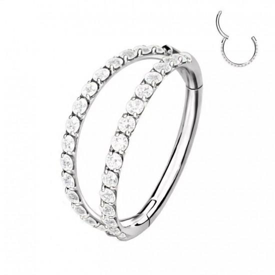 Double clicker ring made of titanium with cubic zirconia PiercedFish RHT73, piercing earring for cartilage of the ear, tragus and helix, eyebrows, lips, nose, navel - Hand Piercing