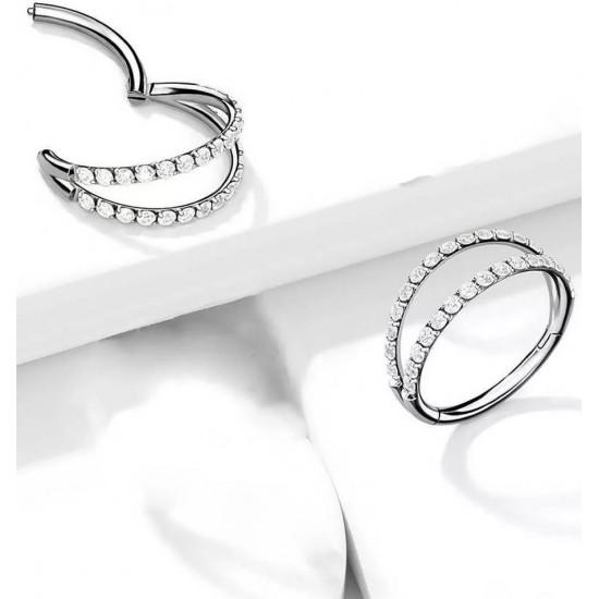 Double clicker ring made of titanium with cubic zirconia PiercedFish RHT73, piercing earring for cartilage of the ear, tragus and helix, eyebrows, lips, nose, navel - Hand Piercing