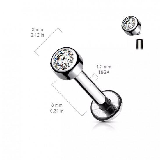 Labret earring made of titanium for lip piercing, ear cartilage PiercedFish TIL18 with cubic zirconia (8 mm) (1 pc)